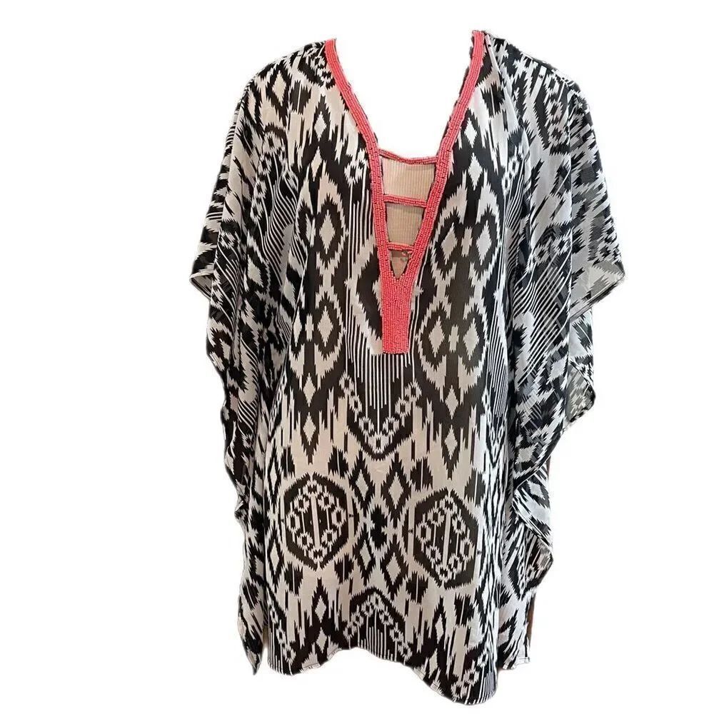 NWT Club Z Collection Black White Beaded Swim Coverup Size L/XL NEW